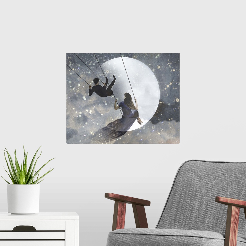A modern room featuring Whimsical design of a couple on swings, flying through the clouds on a starry night with a full m...