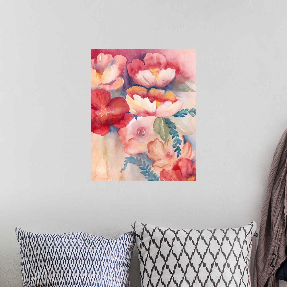 A bohemian room featuring Contemporary flower painting using vibrant red tones ranging from light to dark.