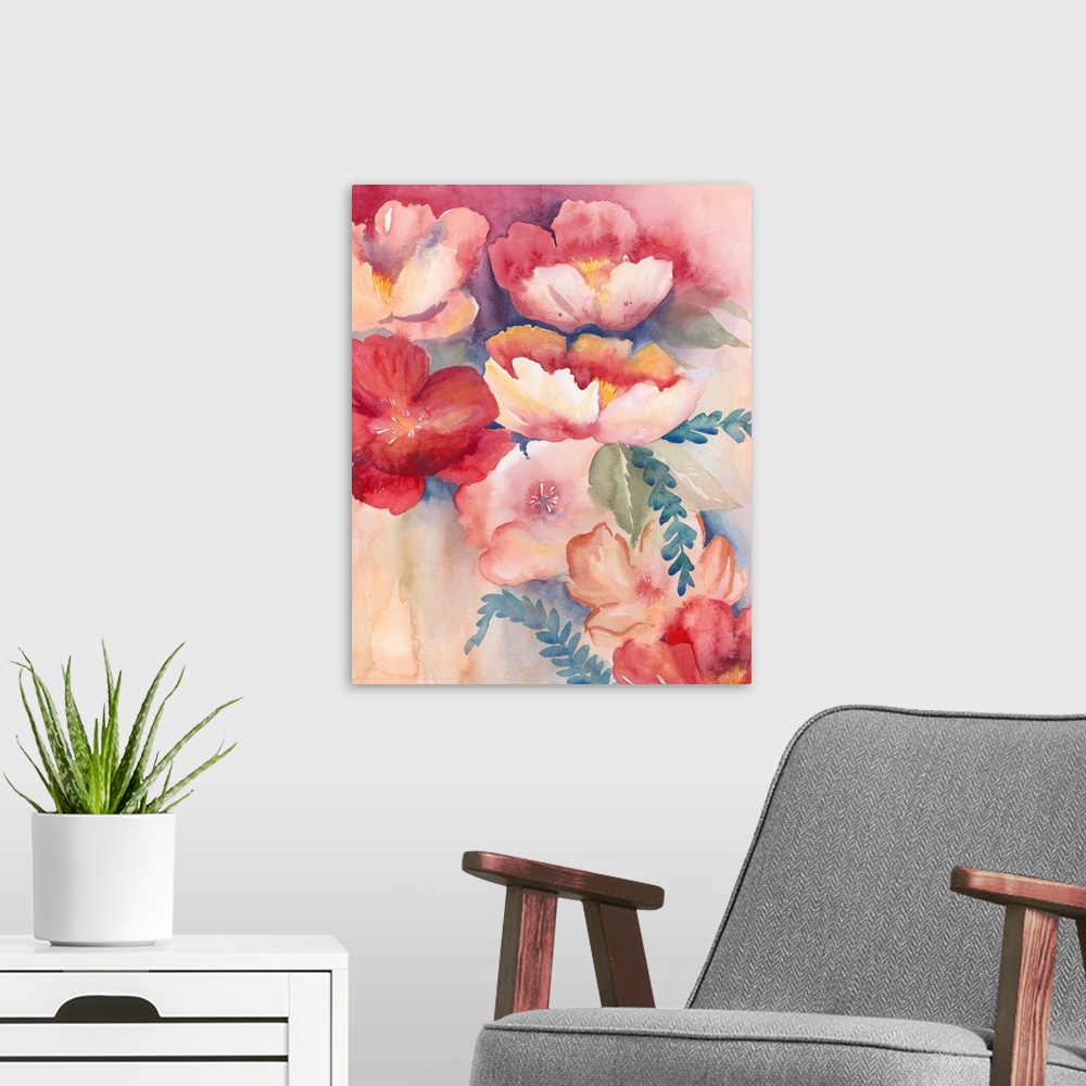 A modern room featuring Contemporary flower painting using vibrant red tones ranging from light to dark.