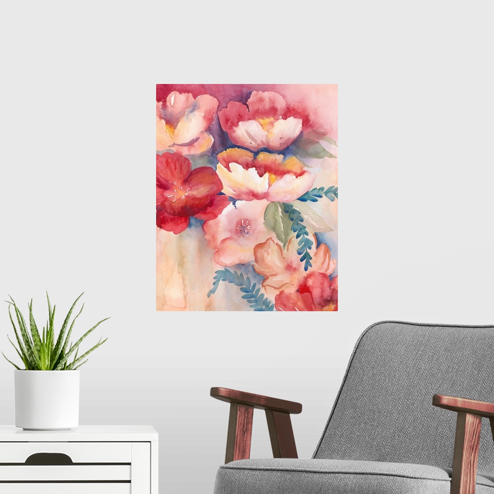 A modern room featuring Contemporary flower painting using vibrant red tones ranging from light to dark.