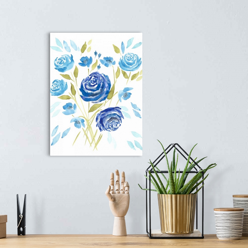 A bohemian room featuring A chic design of beautiful blue flowers on a white background.