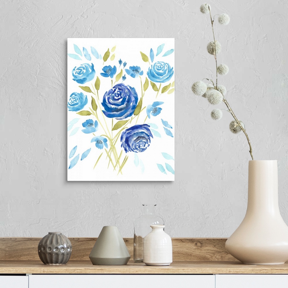 A farmhouse room featuring A chic design of beautiful blue flowers on a white background.