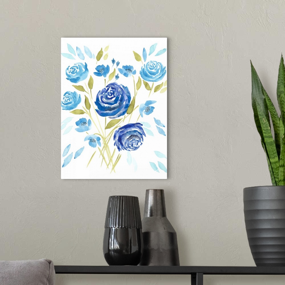 A modern room featuring A chic design of beautiful blue flowers on a white background.