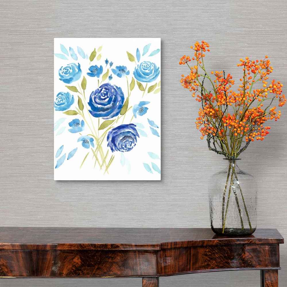 A traditional room featuring A chic design of beautiful blue flowers on a white background.