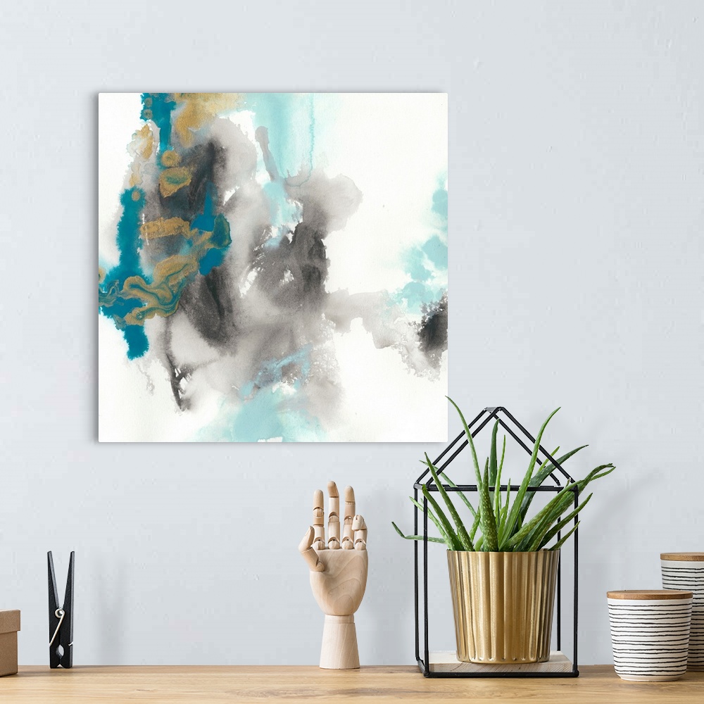 A bohemian room featuring Watercolor abstract art in blue and grey on white.