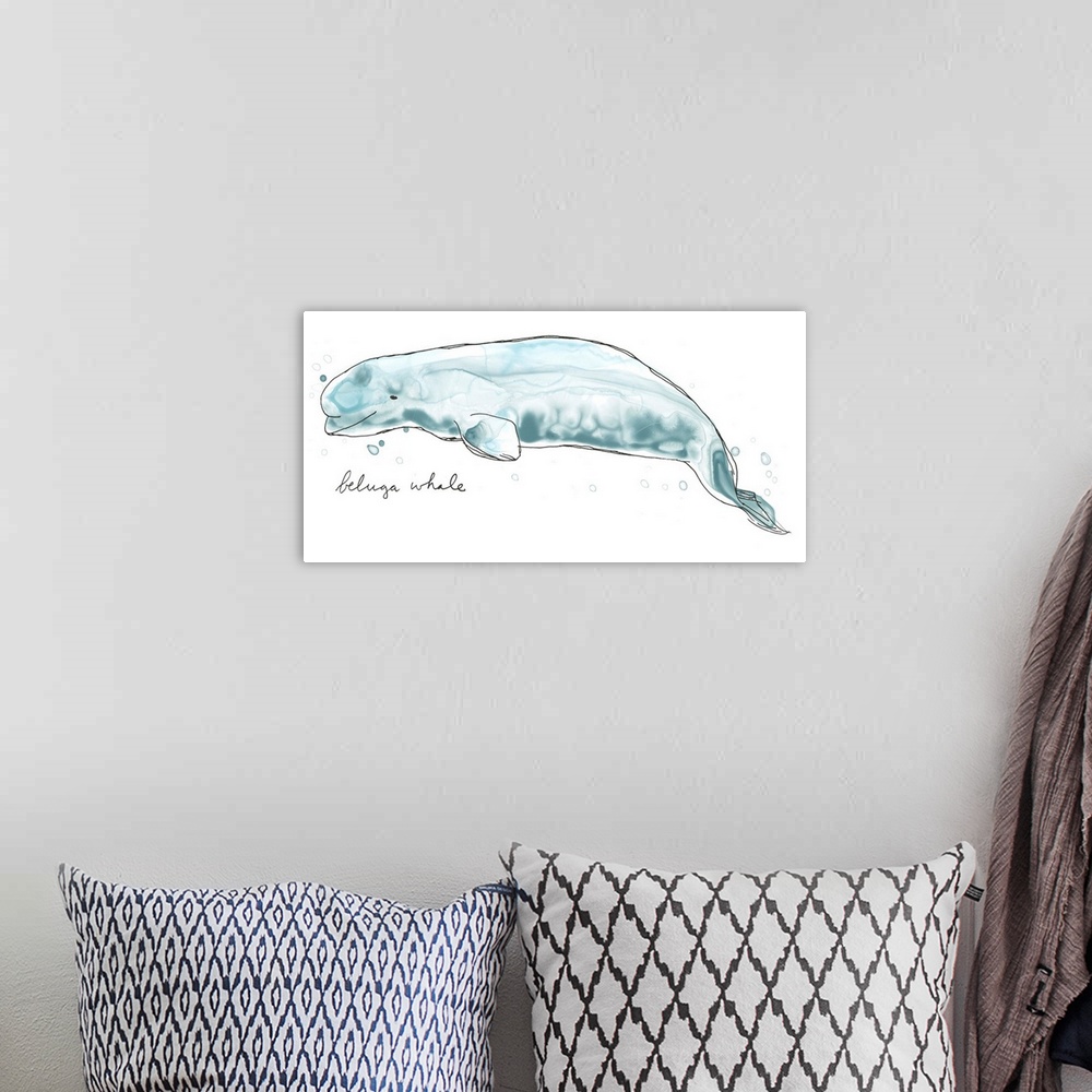 A bohemian room featuring Fun contemporary watercolor drawing of a beluga whale.