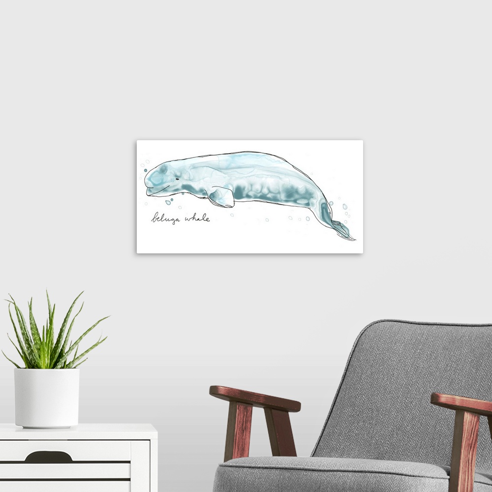 A modern room featuring Fun contemporary watercolor drawing of a beluga whale.