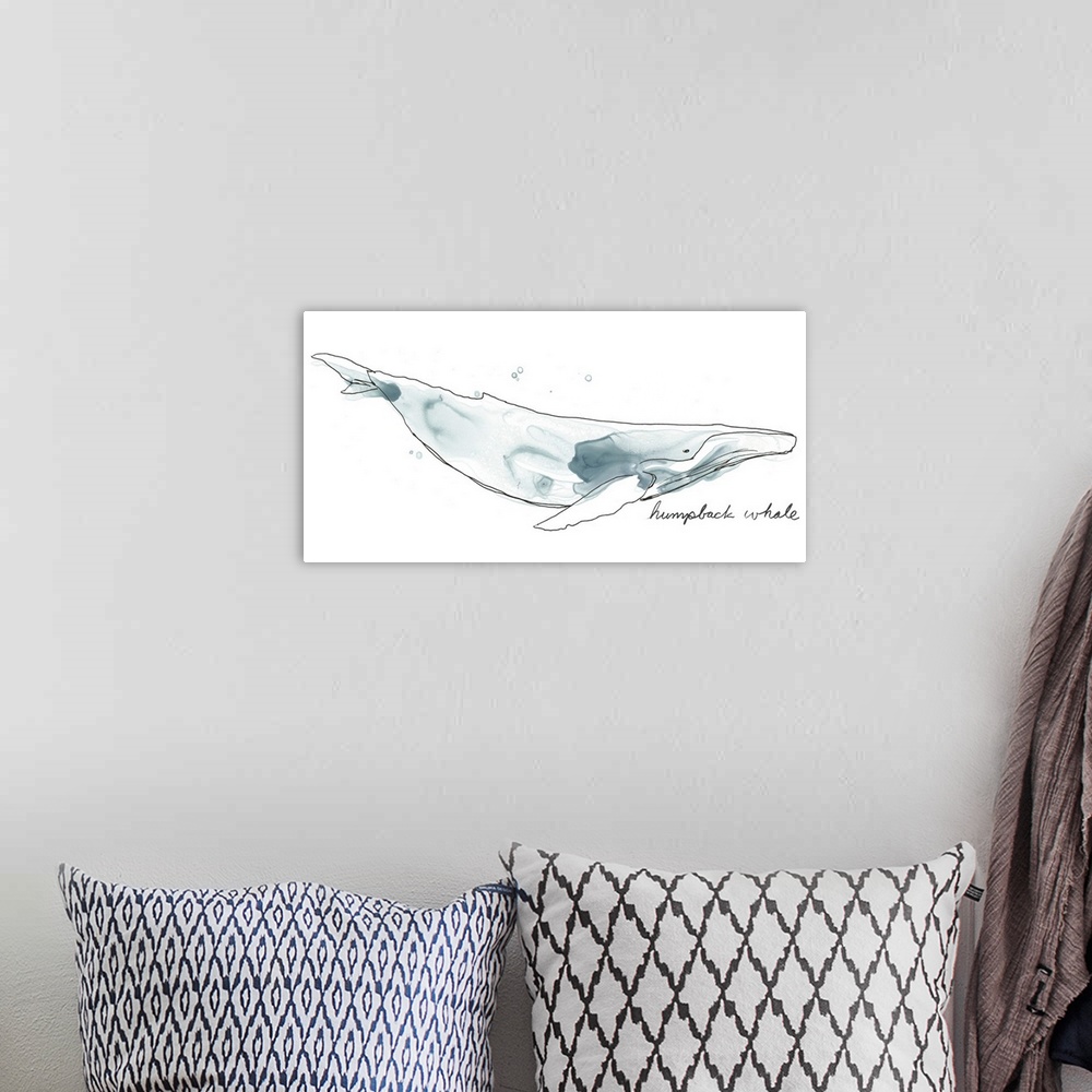 A bohemian room featuring Fun contemporary watercolor drawing of a humpback whale.