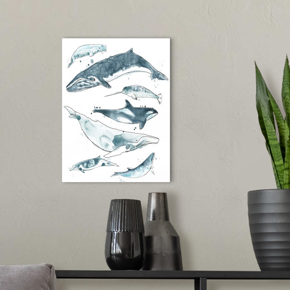A modern room featuring Fun contemporary watercolor drawing of whales in various shades of blue.