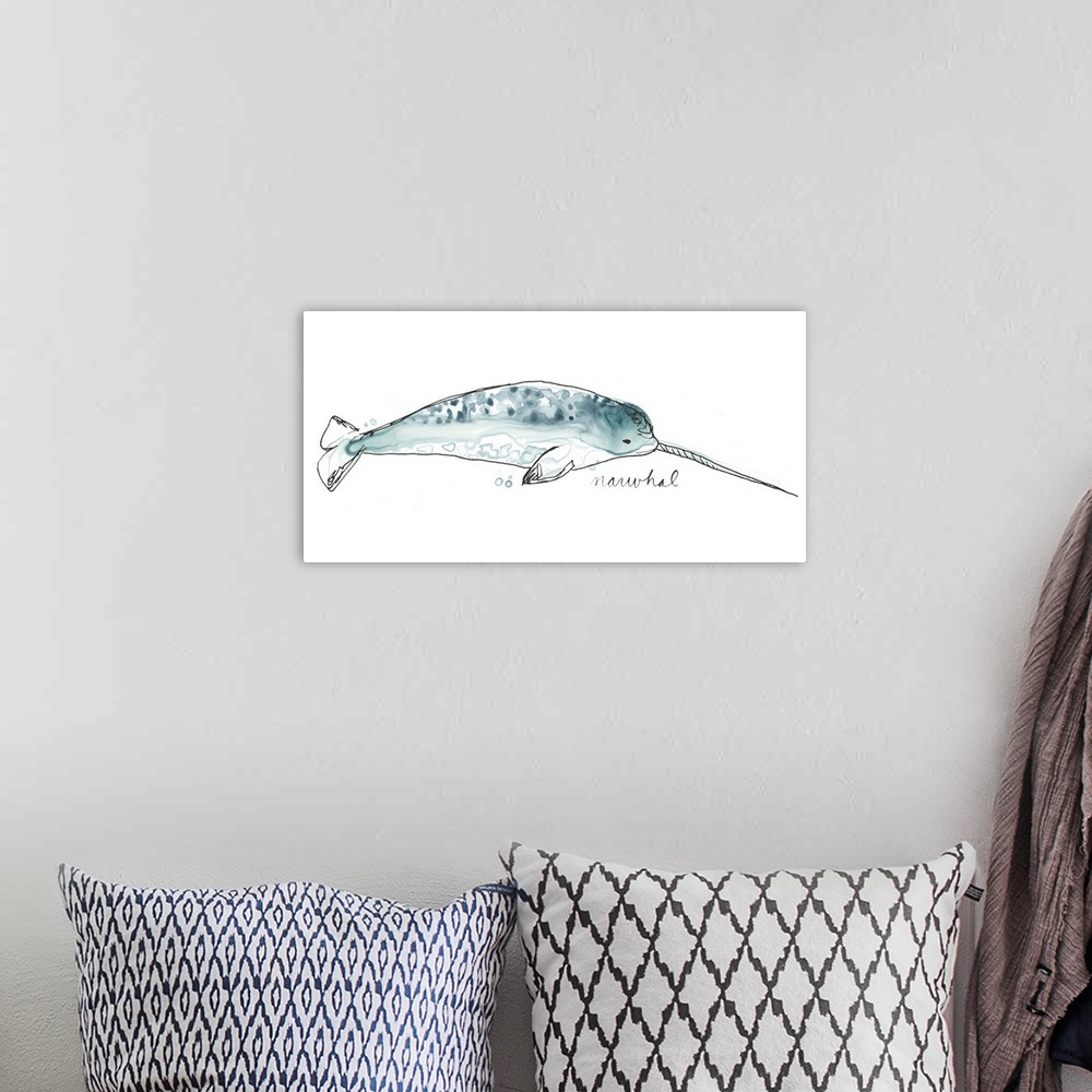 A bohemian room featuring Fun contemporary watercolor drawing of a narwhal.