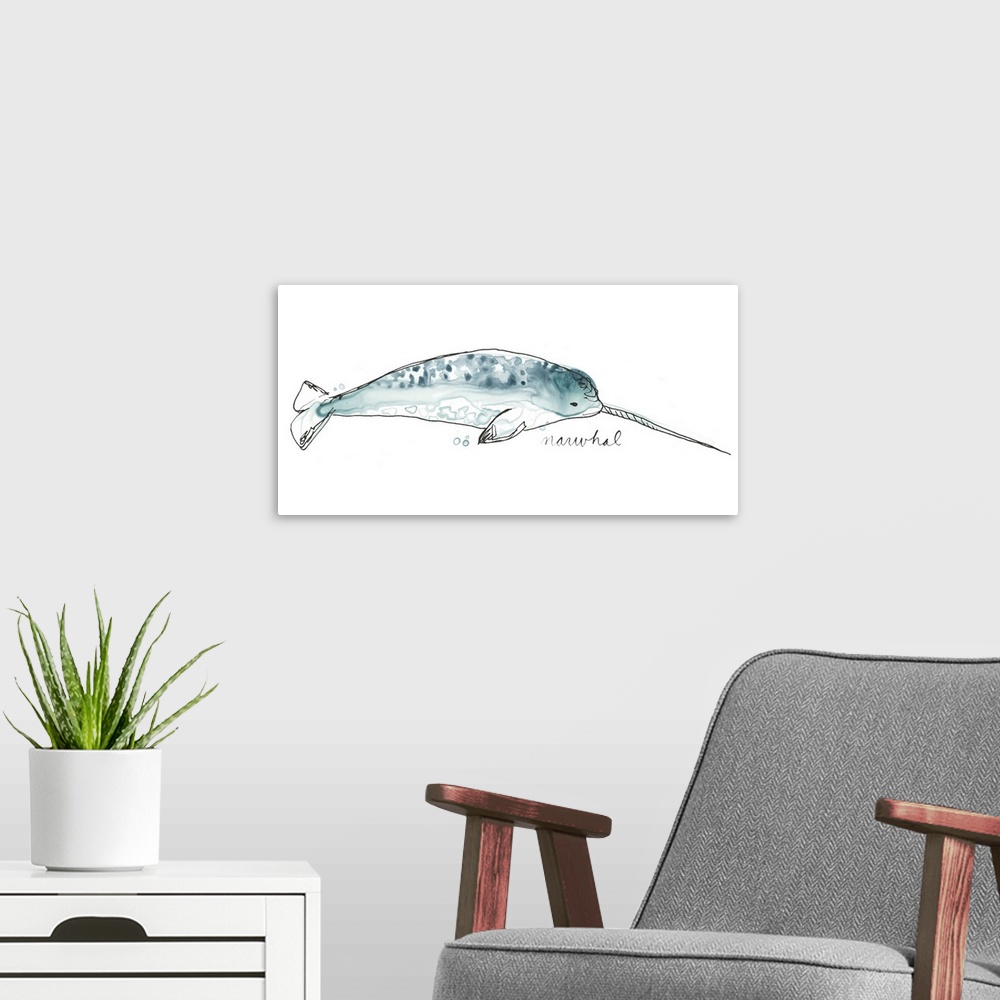 A modern room featuring Fun contemporary watercolor drawing of a narwhal.