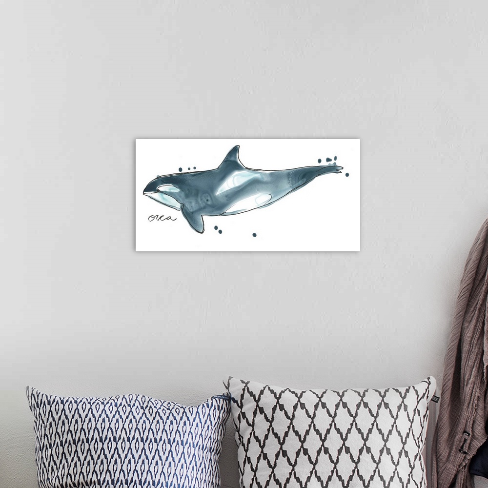 A bohemian room featuring Fun contemporary watercolor drawing of an orca whale.