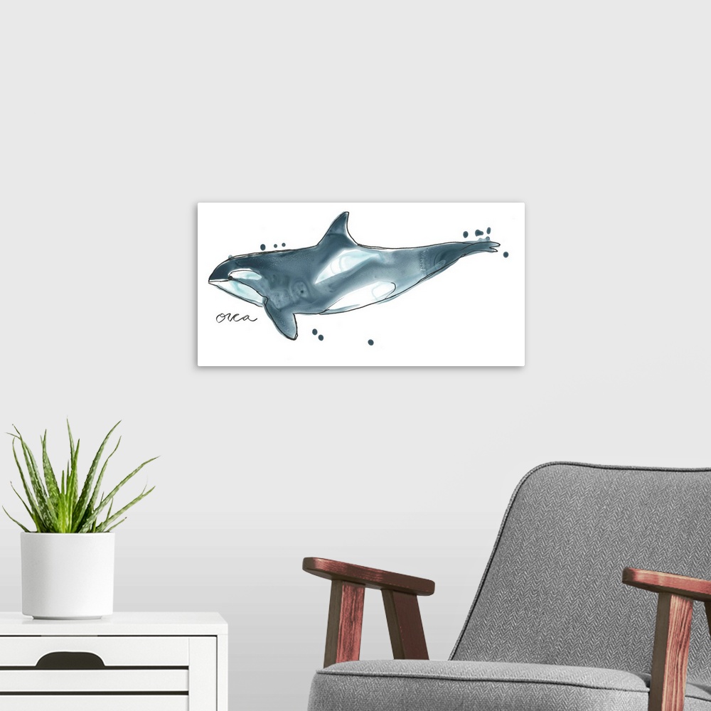 A modern room featuring Fun contemporary watercolor drawing of an orca whale.