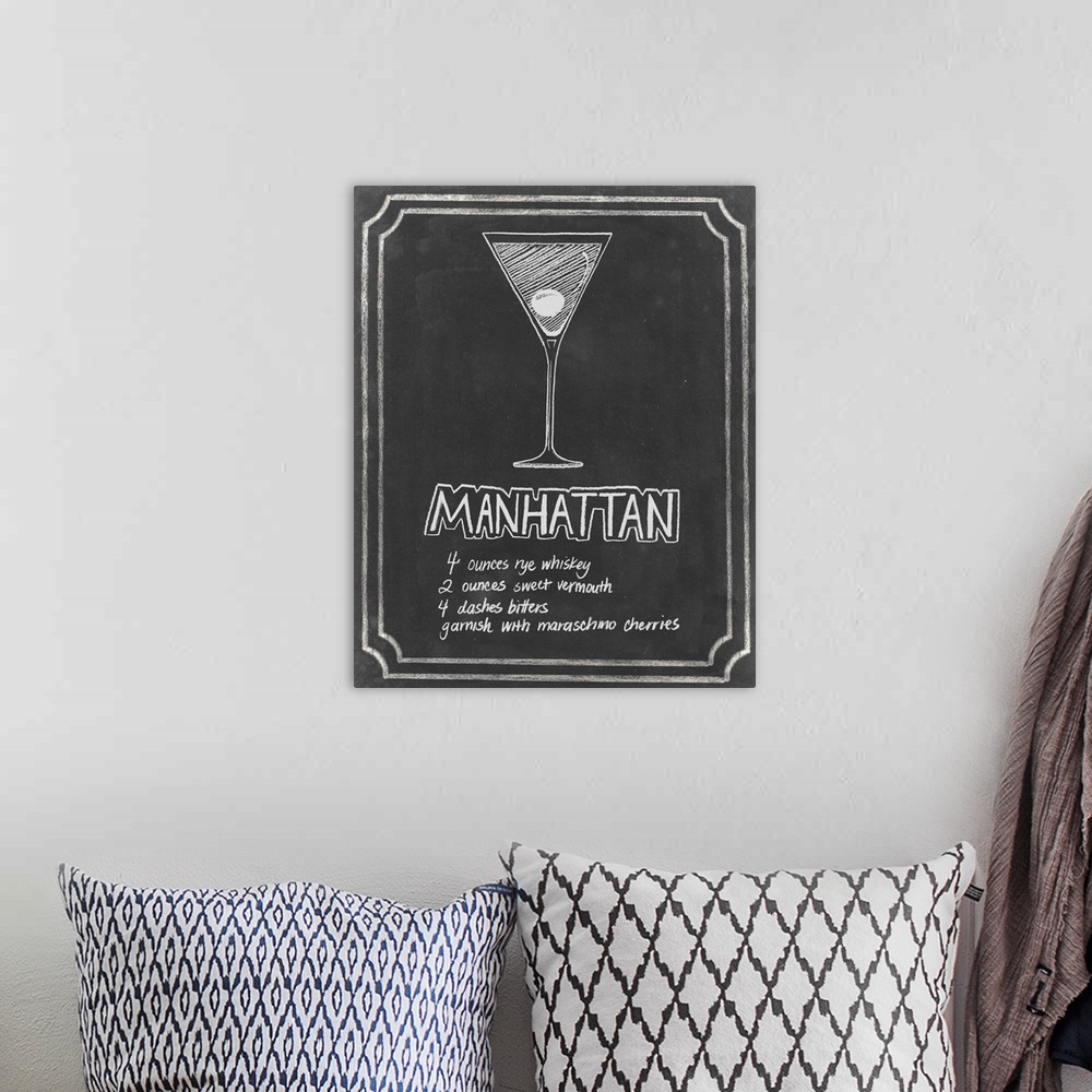 A bohemian room featuring Chalkboard style cocktail themed home decor artwork.