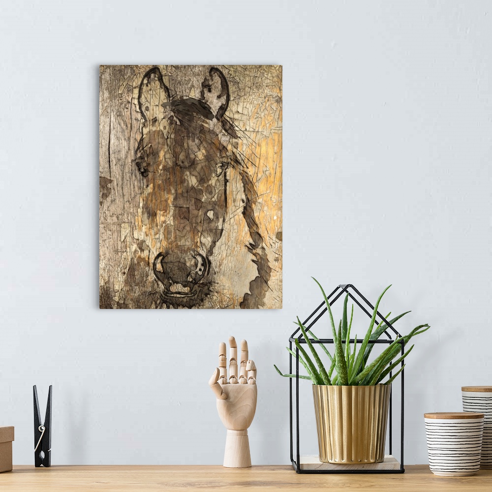 A bohemian room featuring Roughly textured portrait of a horse.