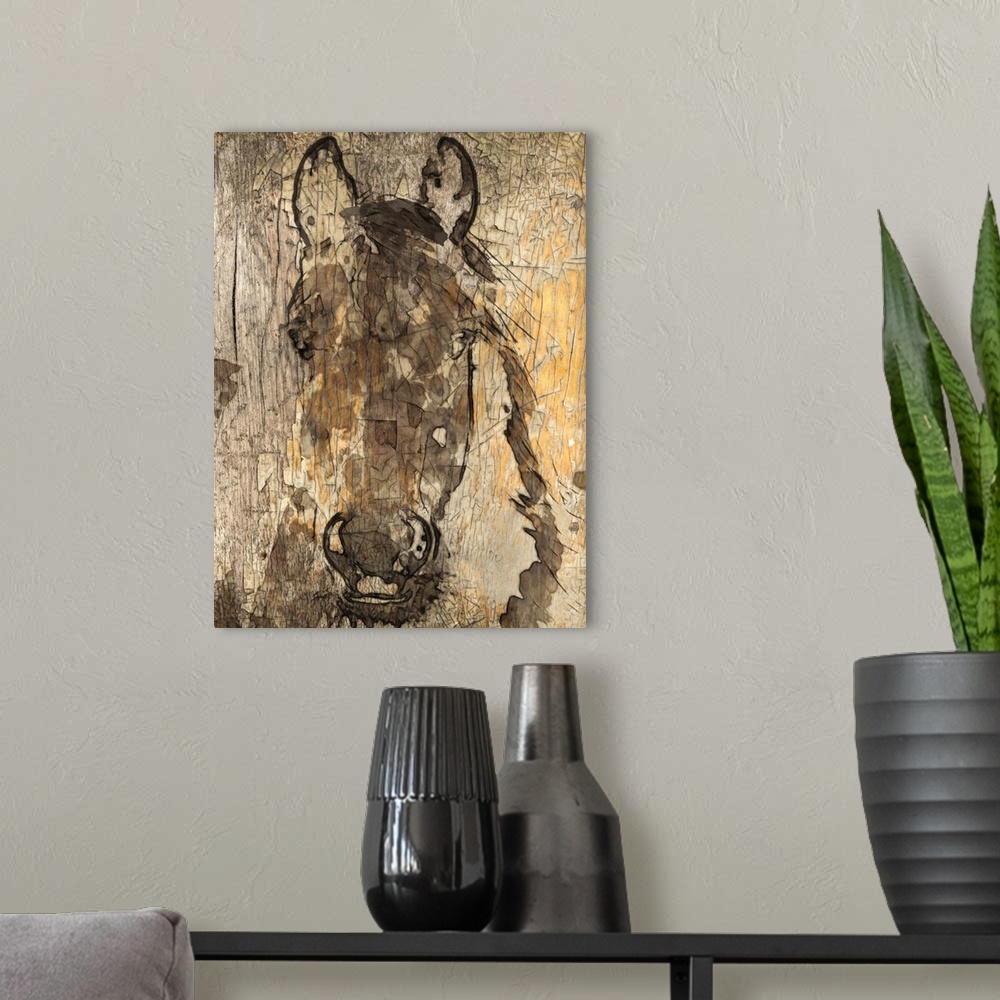 A modern room featuring Roughly textured portrait of a horse.