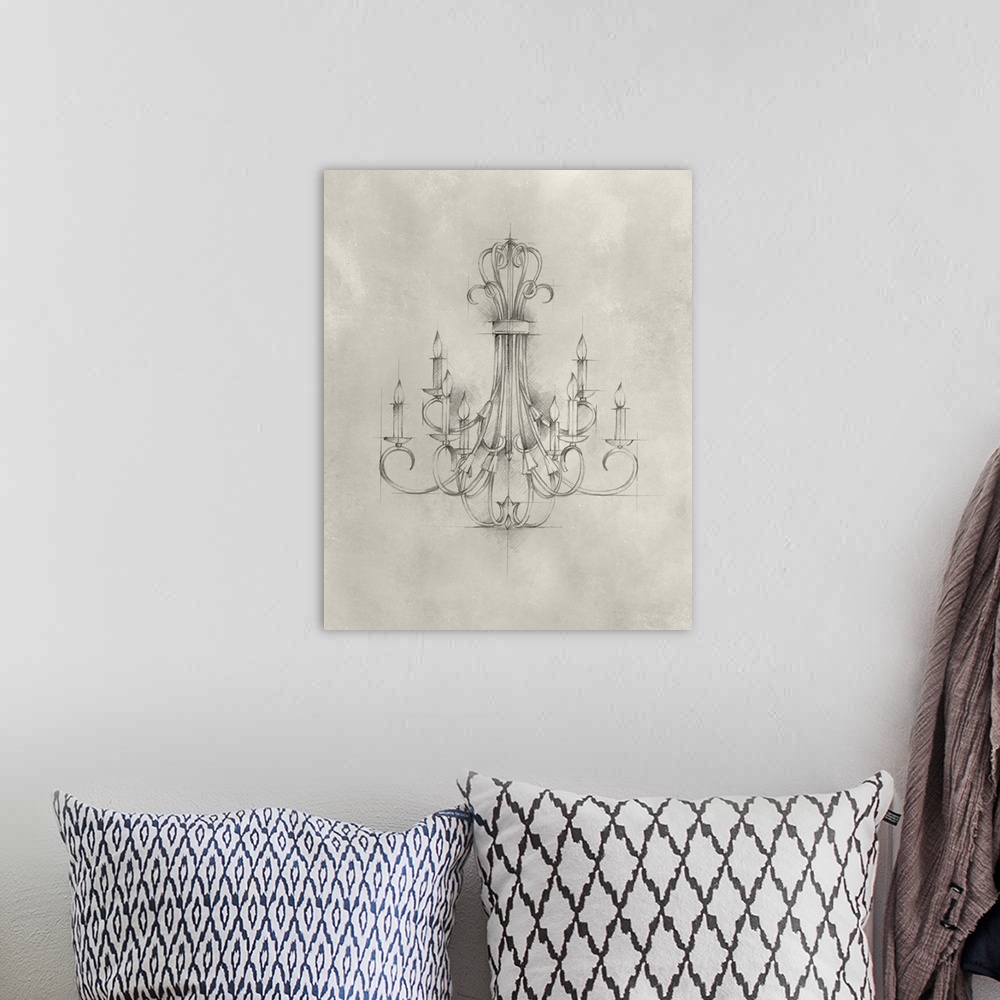 A bohemian room featuring This artwork features a drawing of a decorative chandelier with framework lines and cross hatchin...