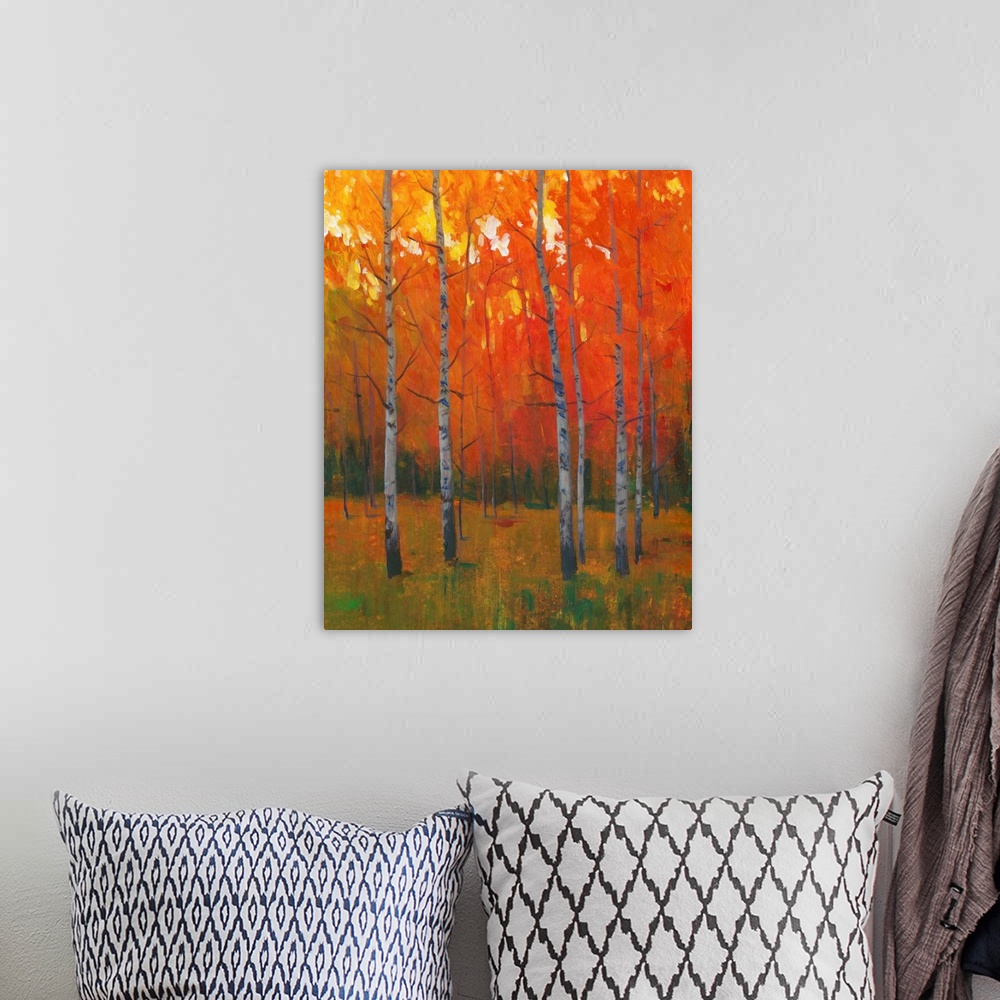 A bohemian room featuring Contemporary painting of a forest of thin trees with leaves glowing in the sunset light in the fall.