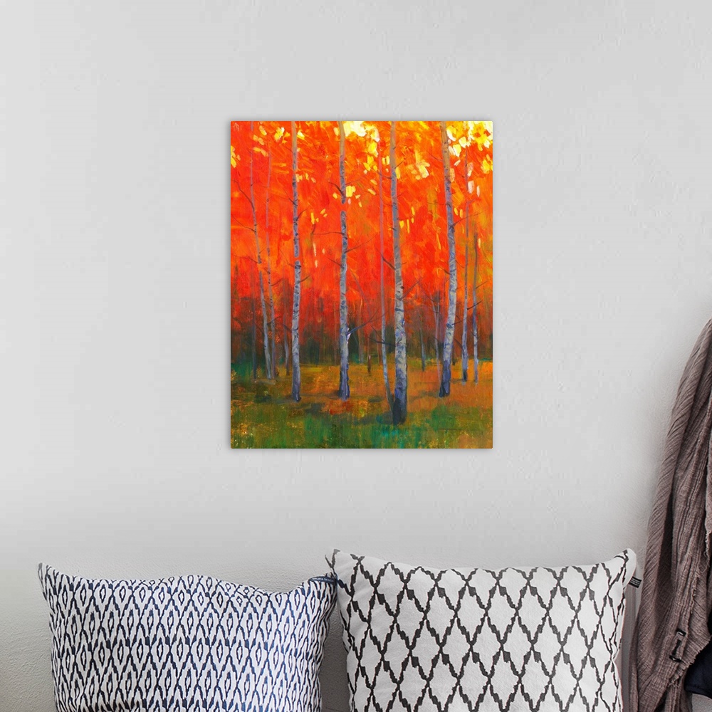 A bohemian room featuring Contemporary painting of a forest of thin trees with leaves glowing in the sunset light in the fall.