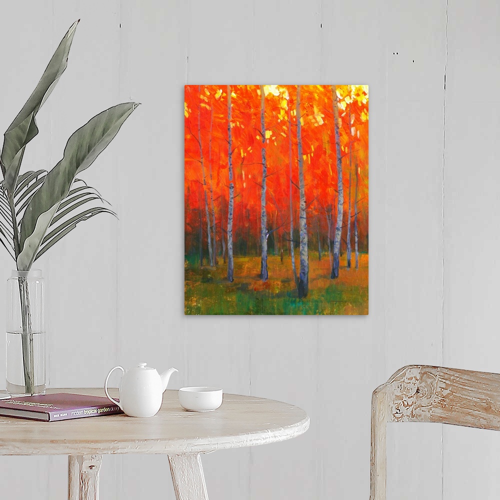 A farmhouse room featuring Contemporary painting of a forest of thin trees with leaves glowing in the sunset light in the fall.