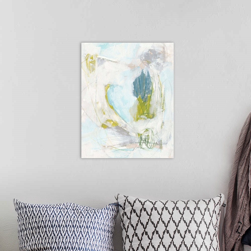 A bohemian room featuring Contemporary abstract painting in green, blue, and white.