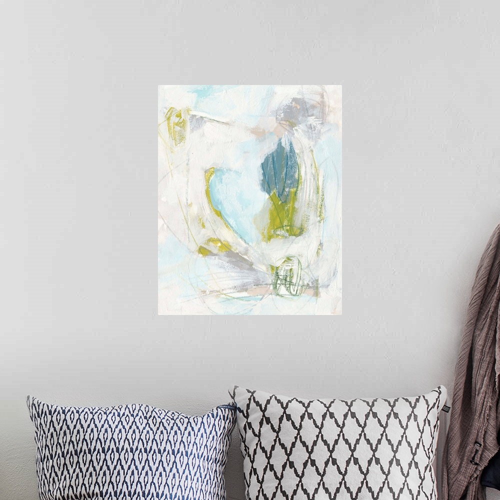 A bohemian room featuring Contemporary abstract painting in green, blue, and white.