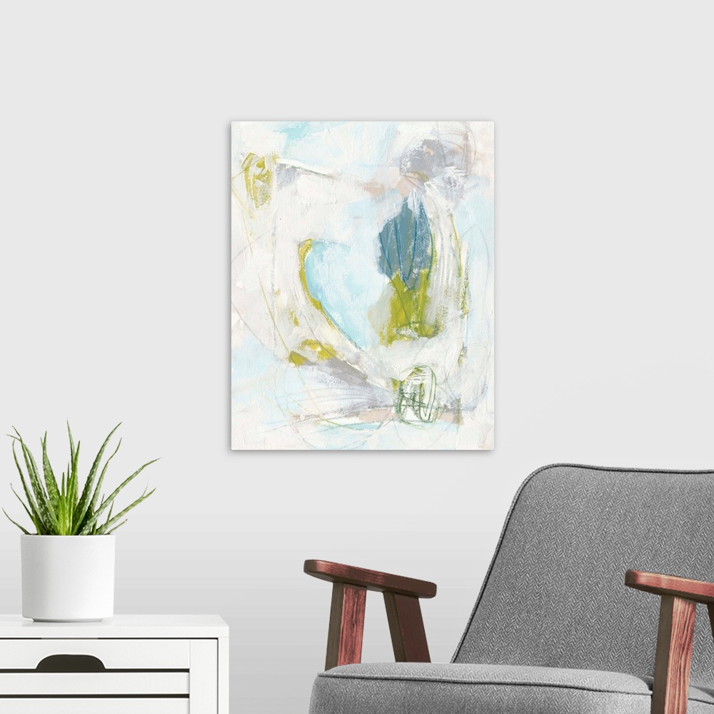 A modern room featuring Contemporary abstract painting in green, blue, and white.