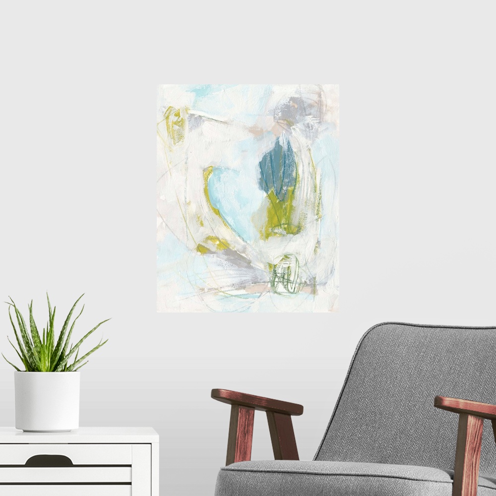 A modern room featuring Contemporary abstract painting in green, blue, and white.
