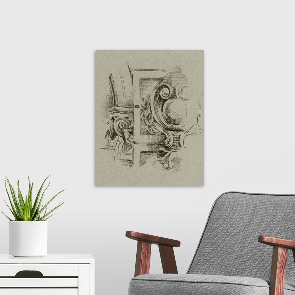 A modern room featuring Contemporary architectural drawing in charcoal.