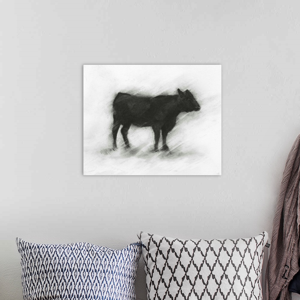 A bohemian room featuring Charcoal artwork of a bovine silhouette against a white background.