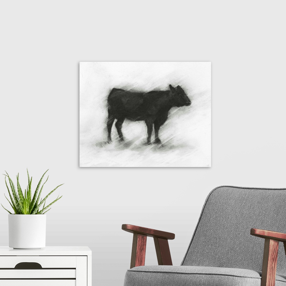 A modern room featuring Charcoal artwork of a bovine silhouette against a white background.