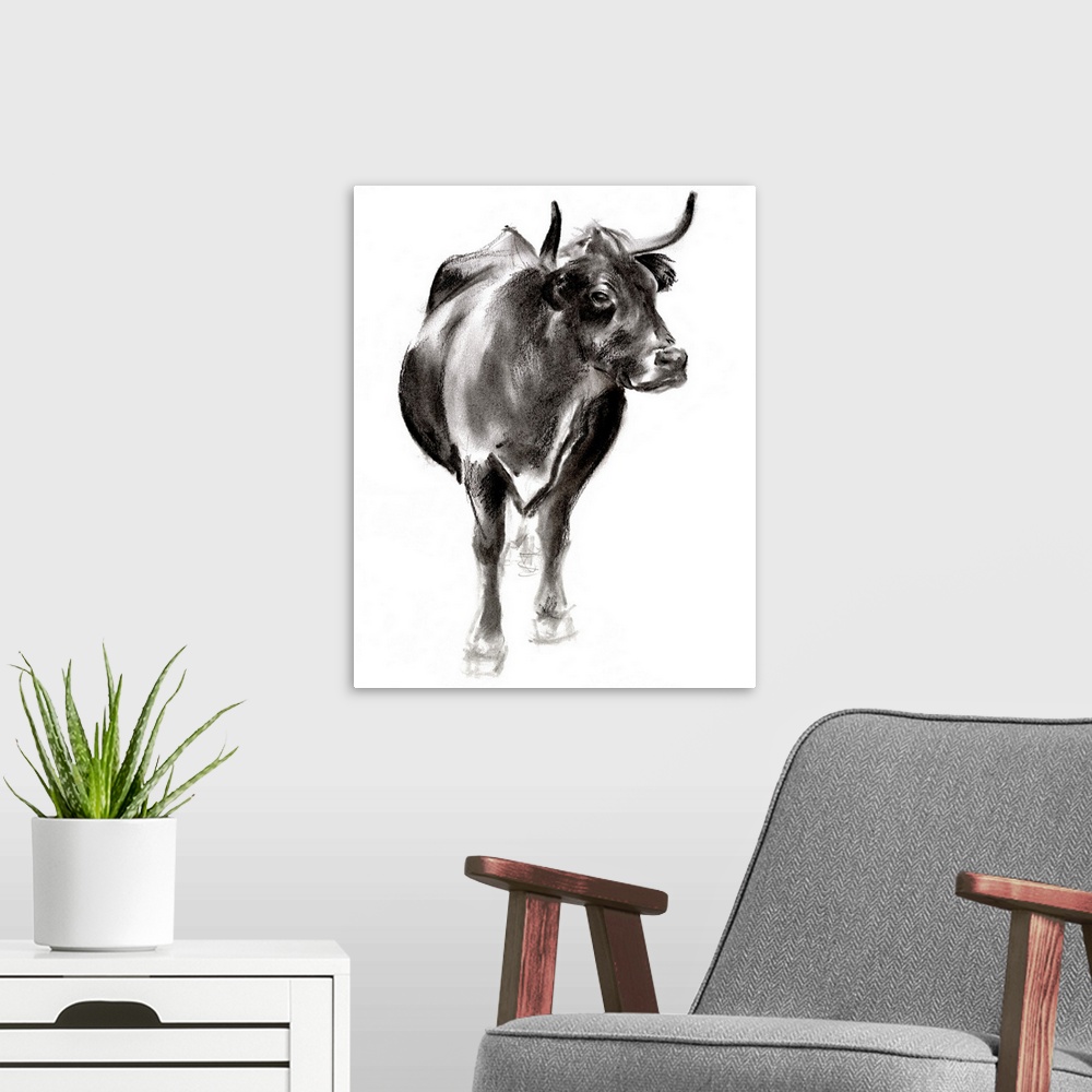 A modern room featuring Charcoal Cattle I