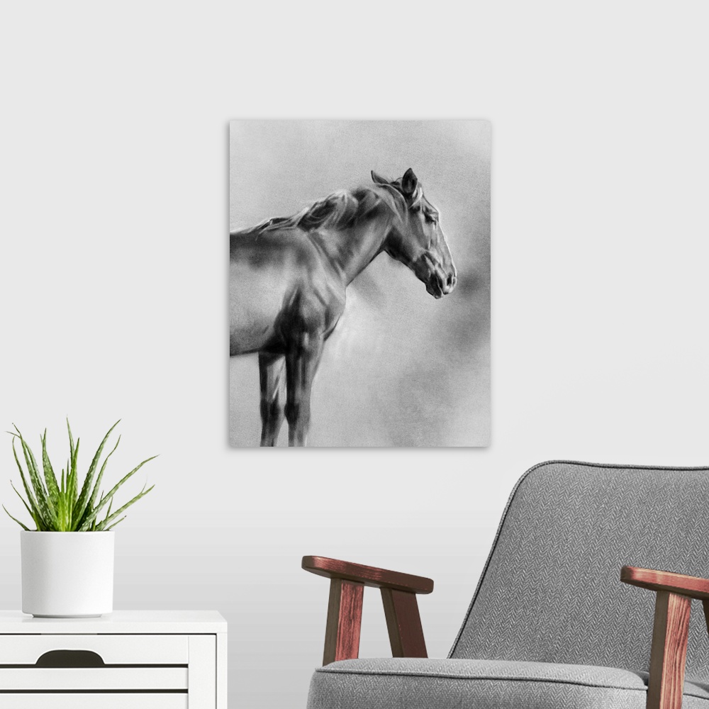 A modern room featuring Charcoal Equine Portrait I