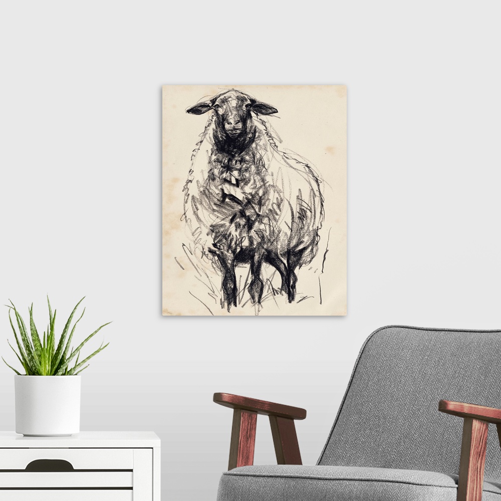 A modern room featuring Charcoal Sheep I
