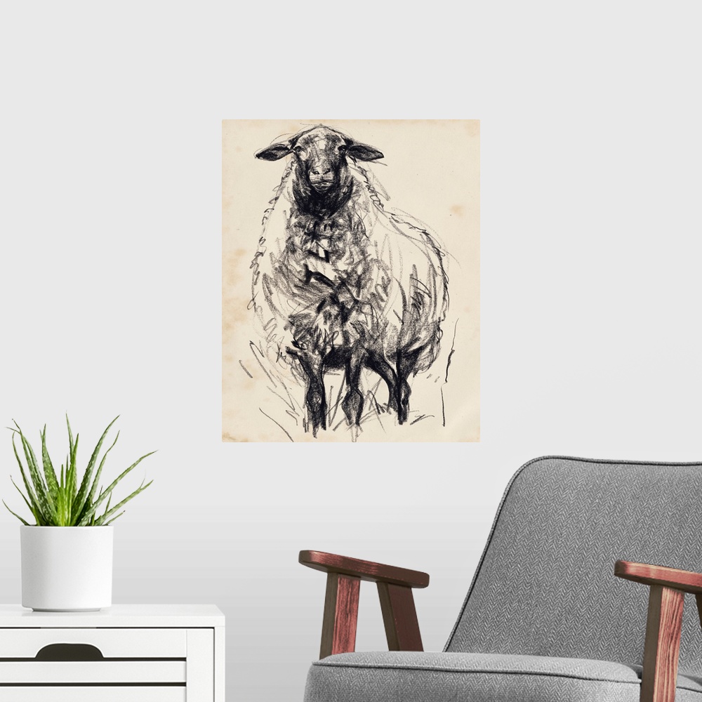 A modern room featuring Charcoal Sheep I