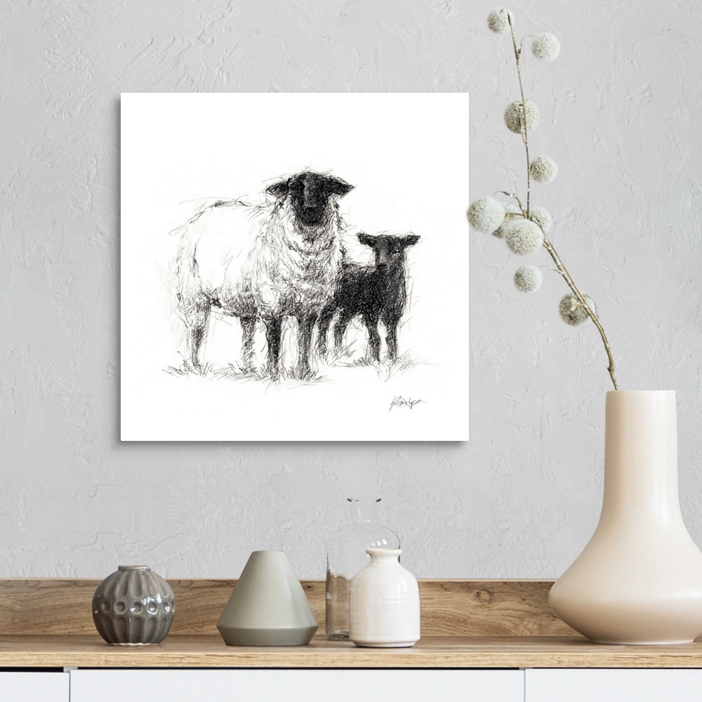 A farmhouse room featuring Charcoal sheep illustration in black and white.