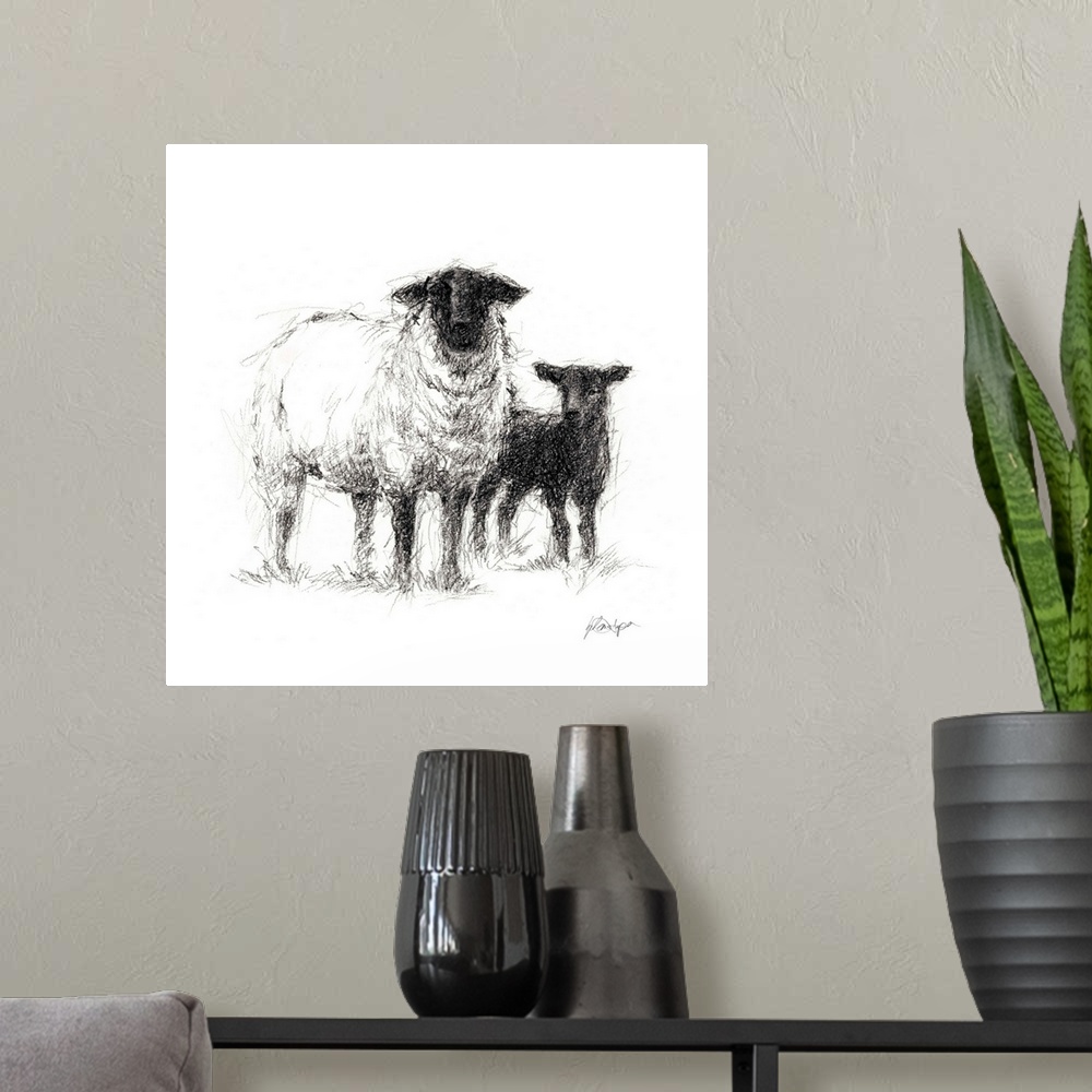 A modern room featuring Charcoal sheep illustration in black and white.