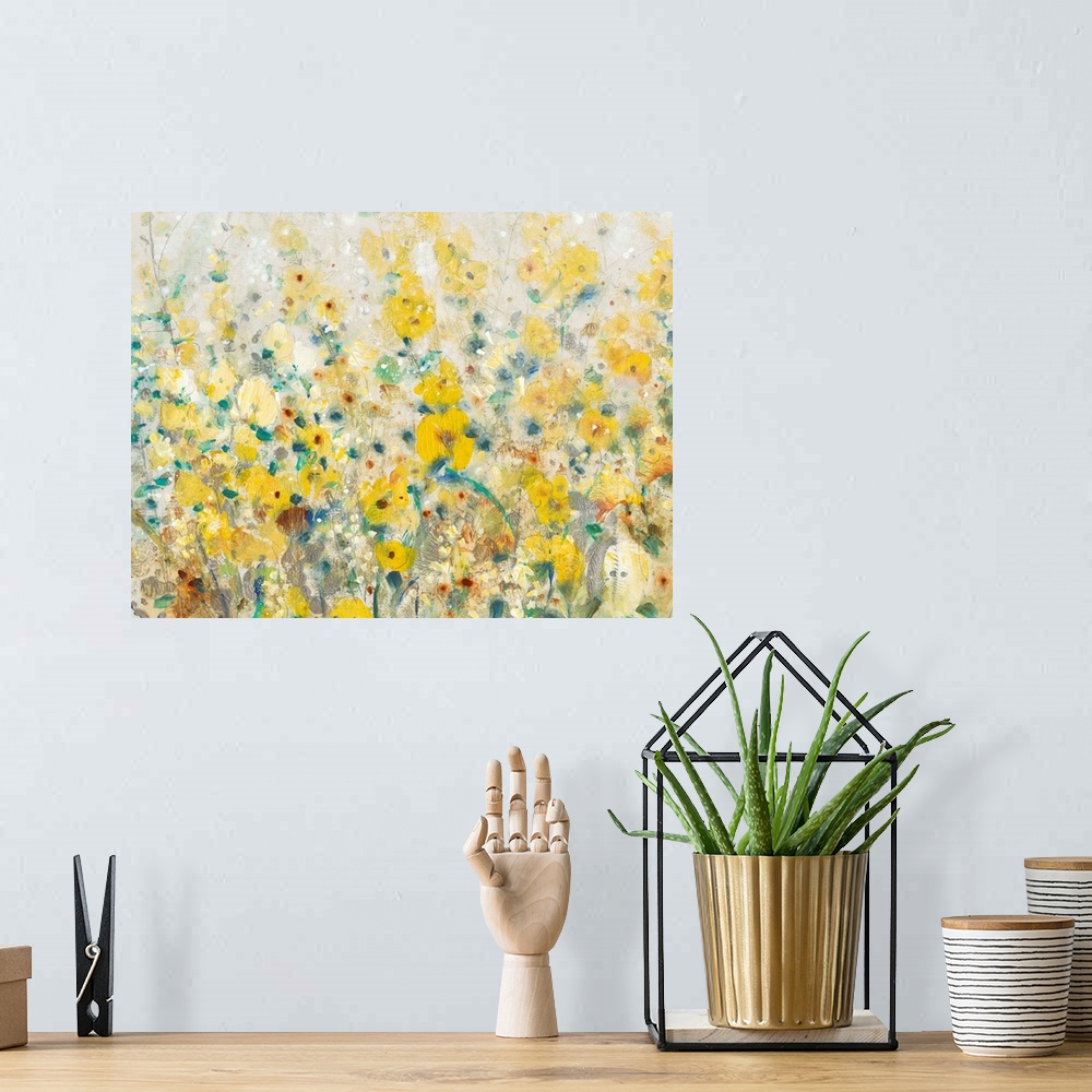 A bohemian room featuring A contemporary painting displaying flowers and plants that are represented in mostly yellow tones.