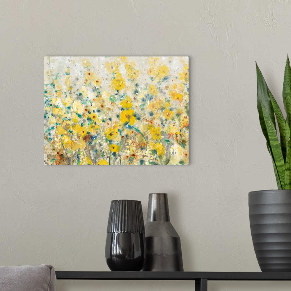 A modern room featuring A contemporary painting displaying flowers and plants that are represented in mostly yellow tones.