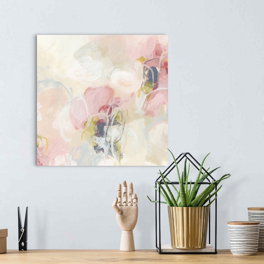 A bohemian room featuring Contemporary abstract painting using a soft pastel pink with hints of darker pink scattered throu...