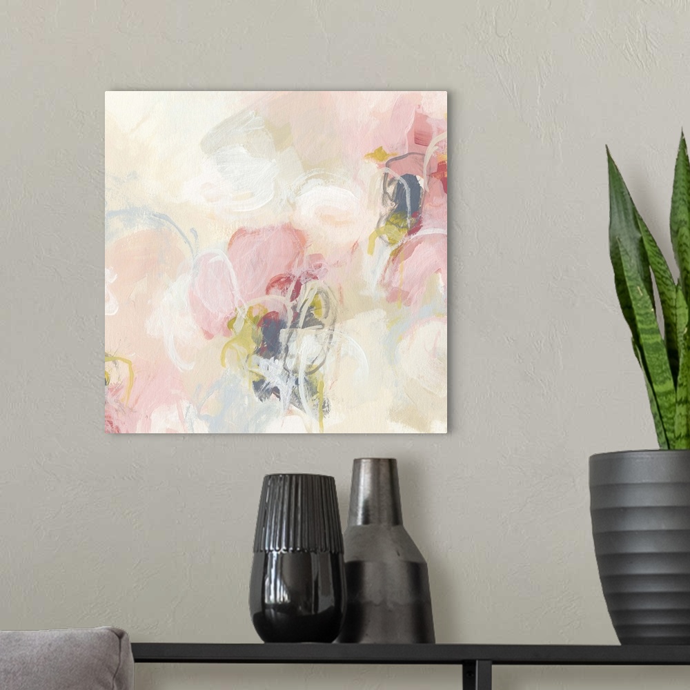 A modern room featuring Contemporary abstract painting using a soft pastel pink with hints of darker pink scattered throu...