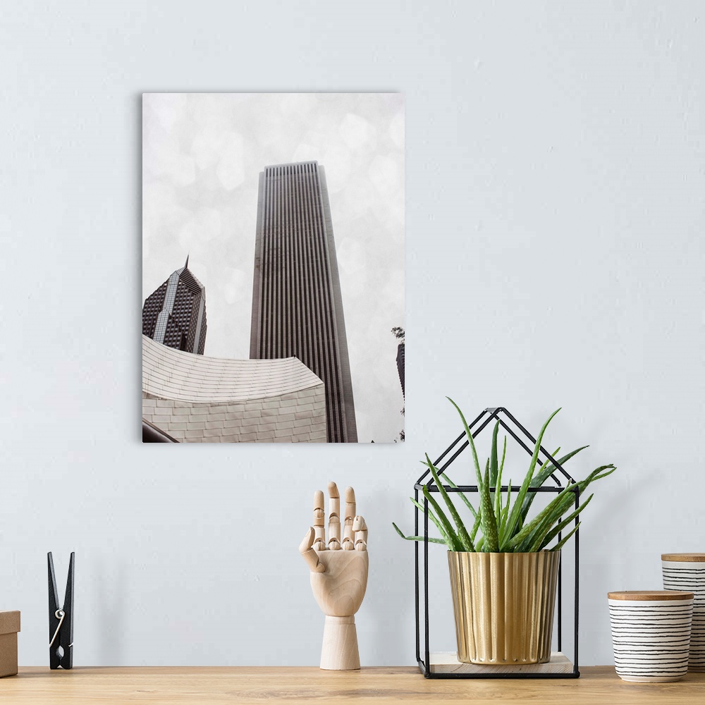 A bohemian room featuring In this photograph of skyscrapers, elegant architectural details overlap one another to create a ...