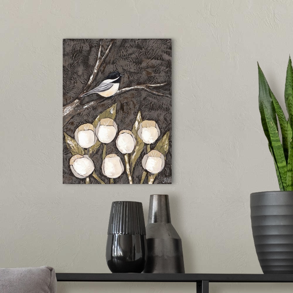 A modern room featuring Chickadee and Tulips I