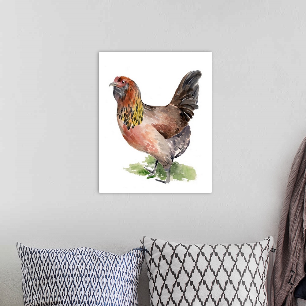 A bohemian room featuring Watercolor portrait of a chicken in warm earth tones.