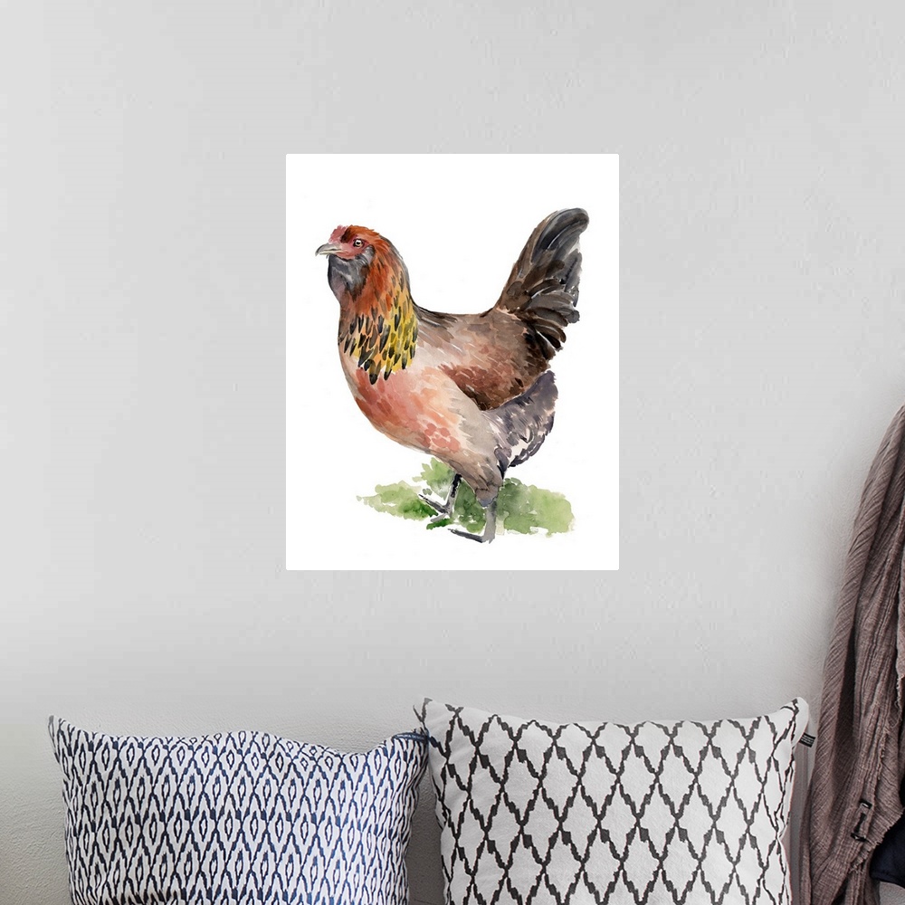 A bohemian room featuring Watercolor portrait of a chicken in warm earth tones.