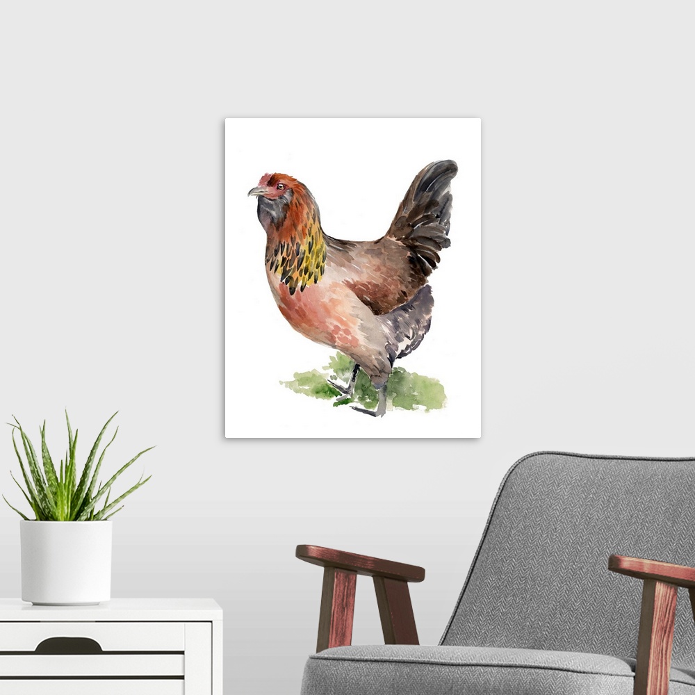 A modern room featuring Watercolor portrait of a chicken in warm earth tones.