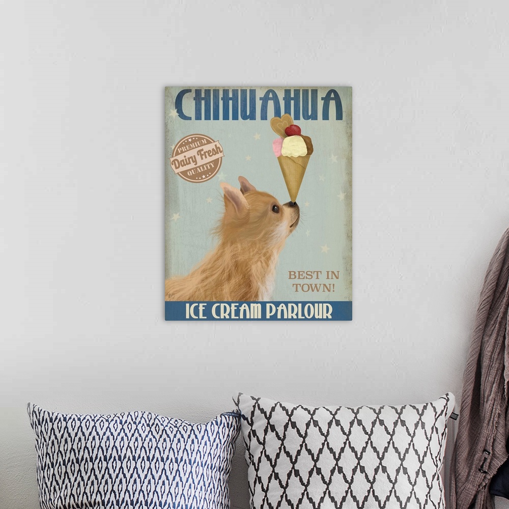 A bohemian room featuring Decorative artwork of a Chihuahua balancing an ice cream cone on its nose in an advertisement for...