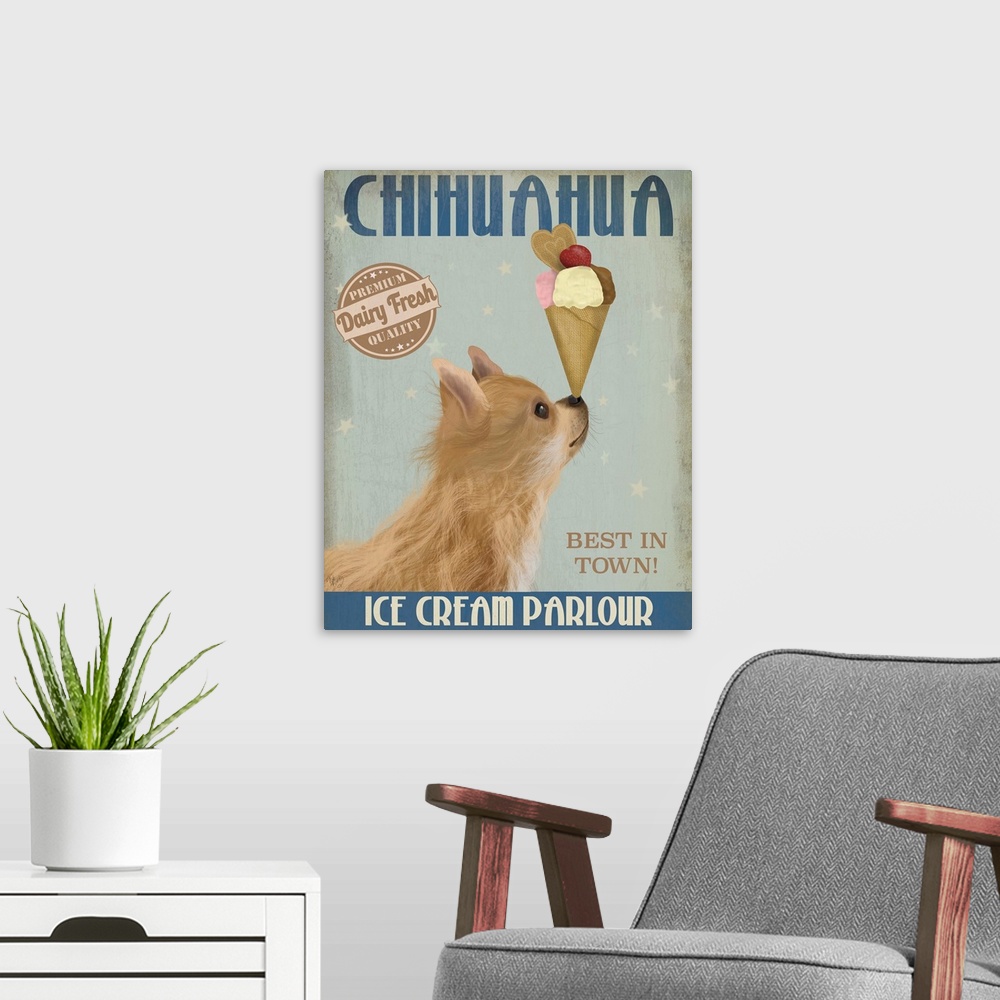 A modern room featuring Decorative artwork of a Chihuahua balancing an ice cream cone on its nose in an advertisement for...