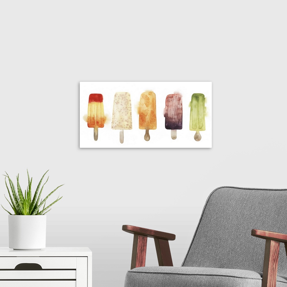 A modern room featuring Contemporary watercolor painting of a row of colorful frozen treats.