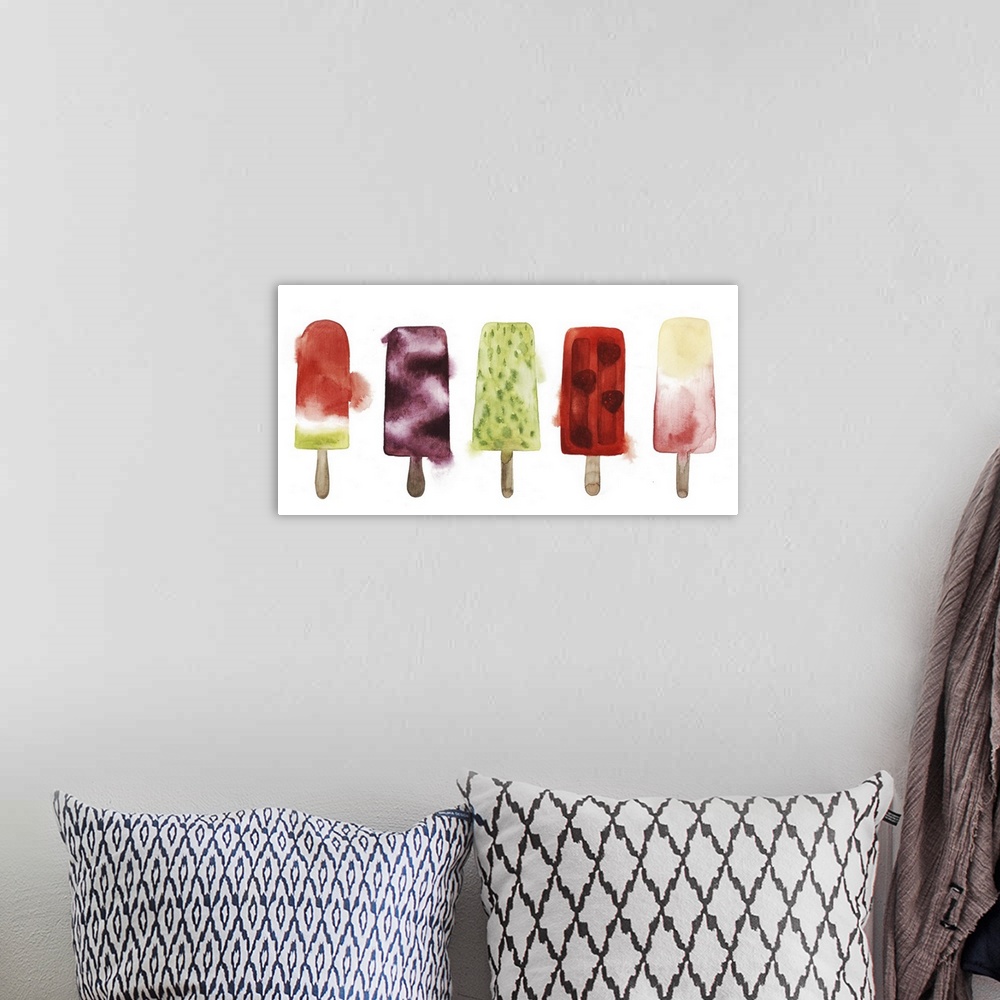 A bohemian room featuring Contemporary watercolor painting of a row of colorful frozen treats.